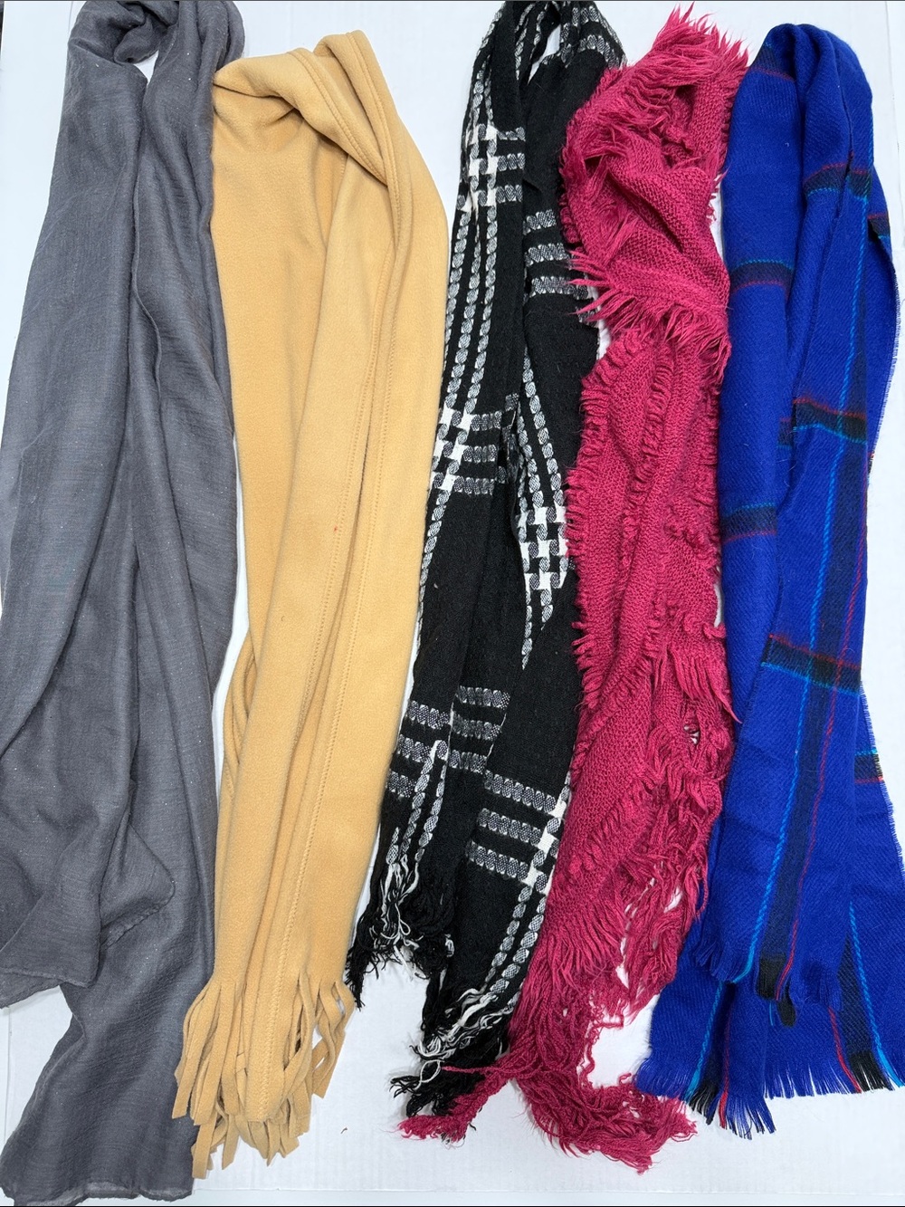 Five Mixed-Color Scarves - Gray, Mustard, Black Plaid, Fuchsia, Royal Blue